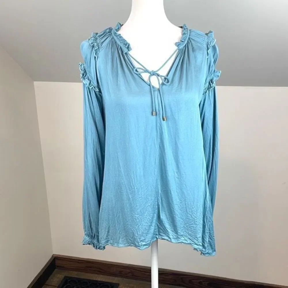 SUNDANCE So In Love Ruffle Peasant Top Long Sleeve Split V-neck Blue Size Medium - Picture 2 of 8